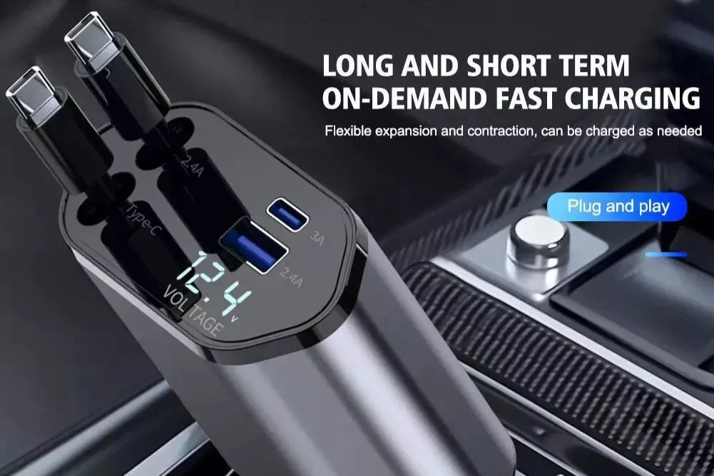 Retractable Car Charger 120W Fast Charger 4-In-1 Fast Charging USB Type